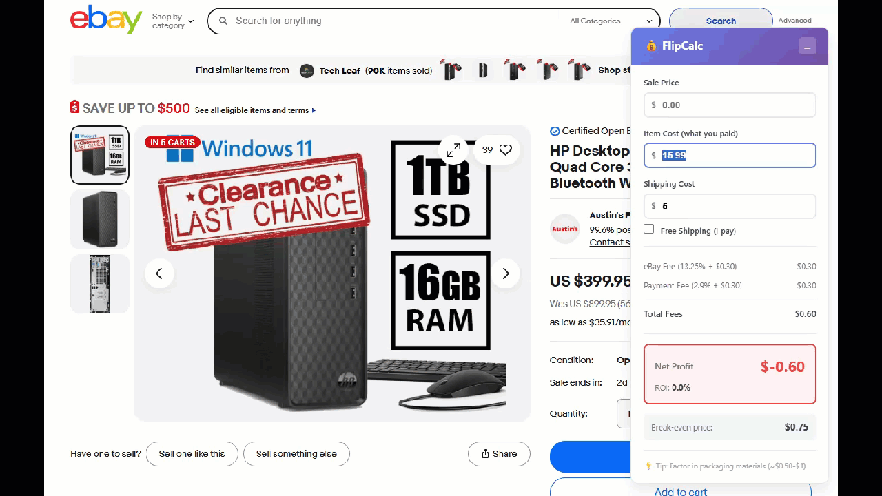 FlipCalc real-time eBay profit calculator demo